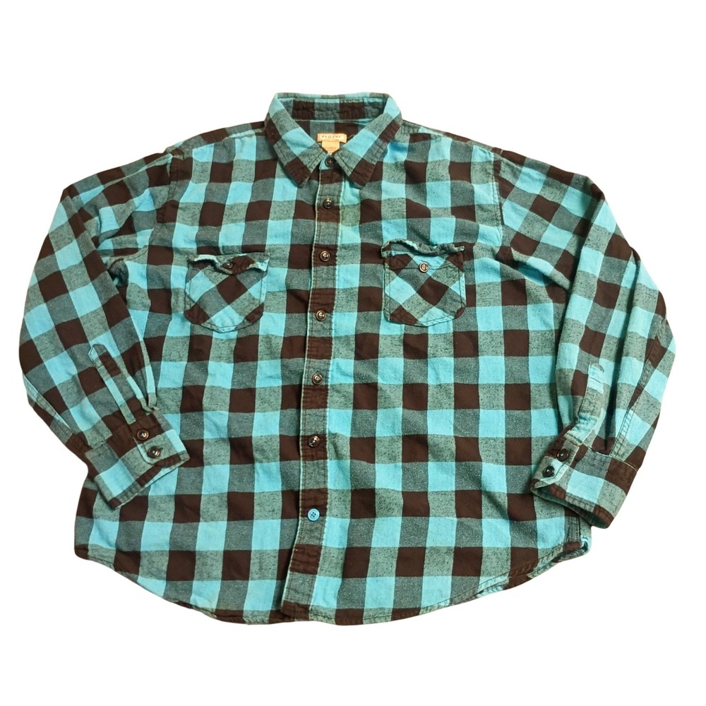 Arizona Flannel Shirt Mens XXL Turquoise Brown Buffalo Plaid Cotton Button Up